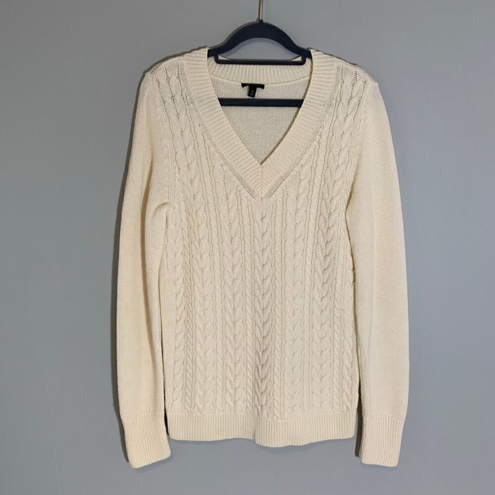 Talbots Cable Knit Sweater Women Medium Ivory V-Neck Lambswool Blend